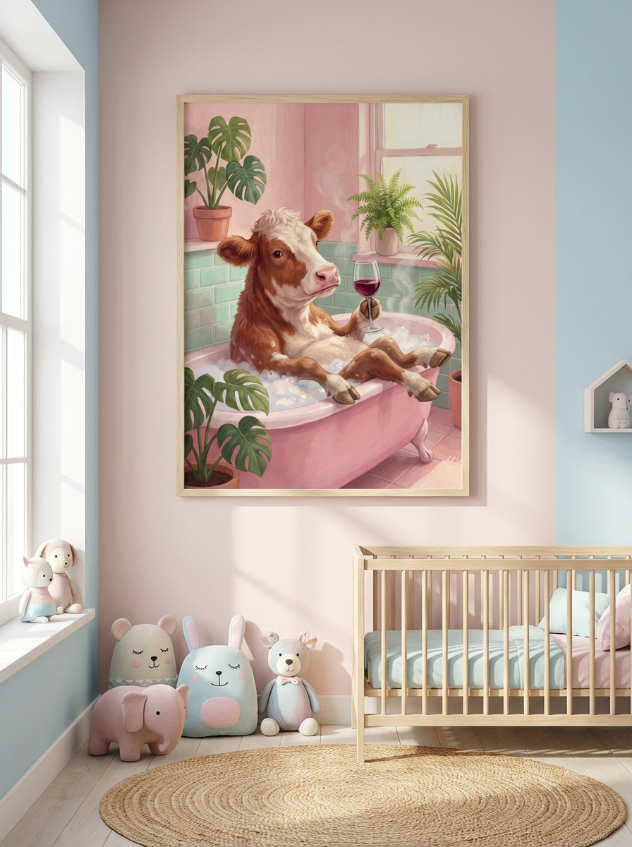 Gülümseten Detaylar: Eğlenceli İnek Tablosu ile Banyo Dekoru