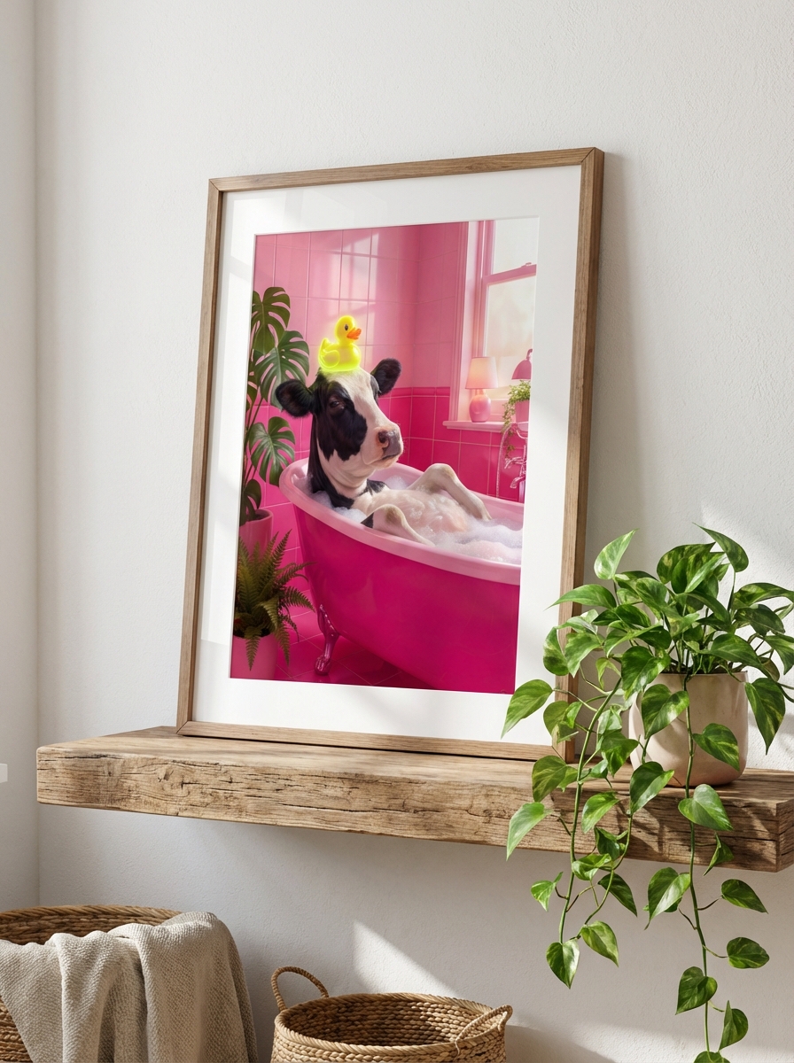 Sığır Temalı Pembe Küvet - Sanatsal Duvar Dekoru