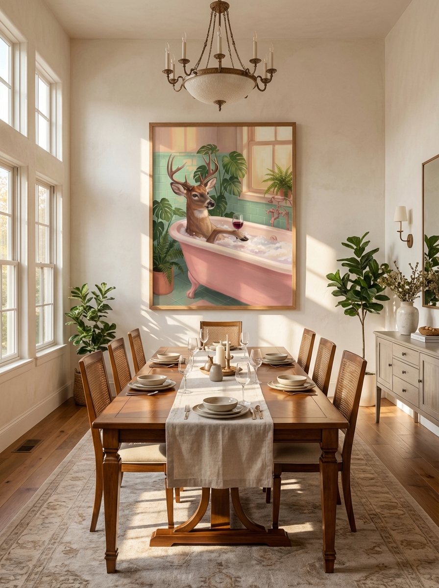 Tarz Sahibi Geyik Tablosu ile Sofistike Banyo