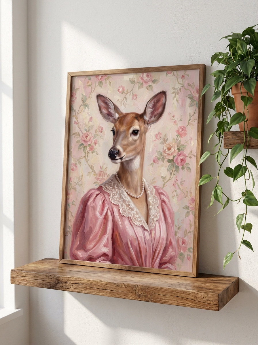 Sevimli Geyik Temalı Pembe Duvar Etiği