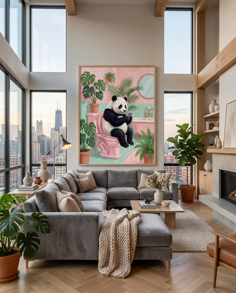 Eğlenceli Panda Tuvaletteki Sanat - Şirin Duvar Dekoru