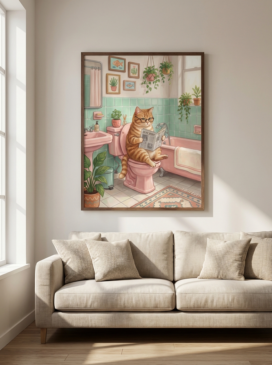 Eğlenceli Ginger Cat on a Pembe Tuvalet - Comic Duvar Sanatı