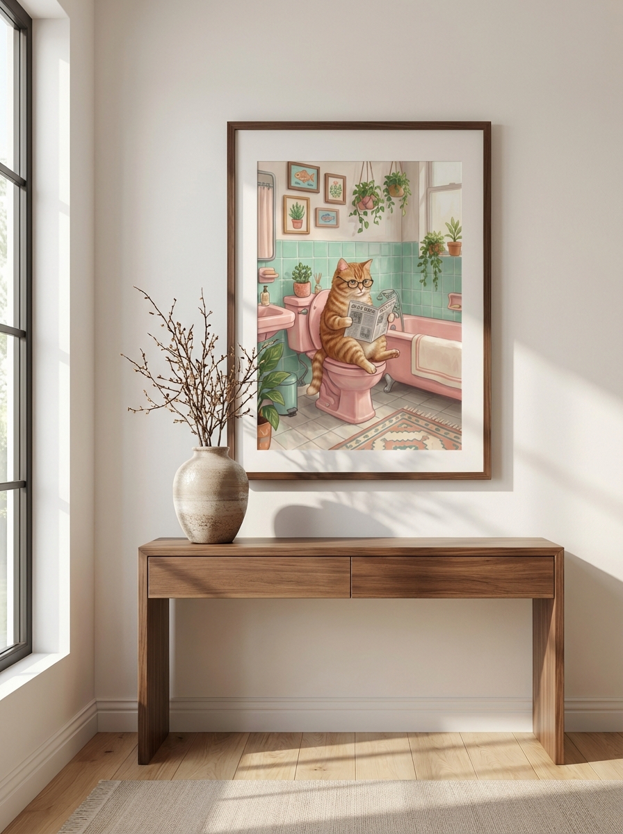 Stylish Ginger Cat on Pembe Tuvalet Duvar Sanatı Print