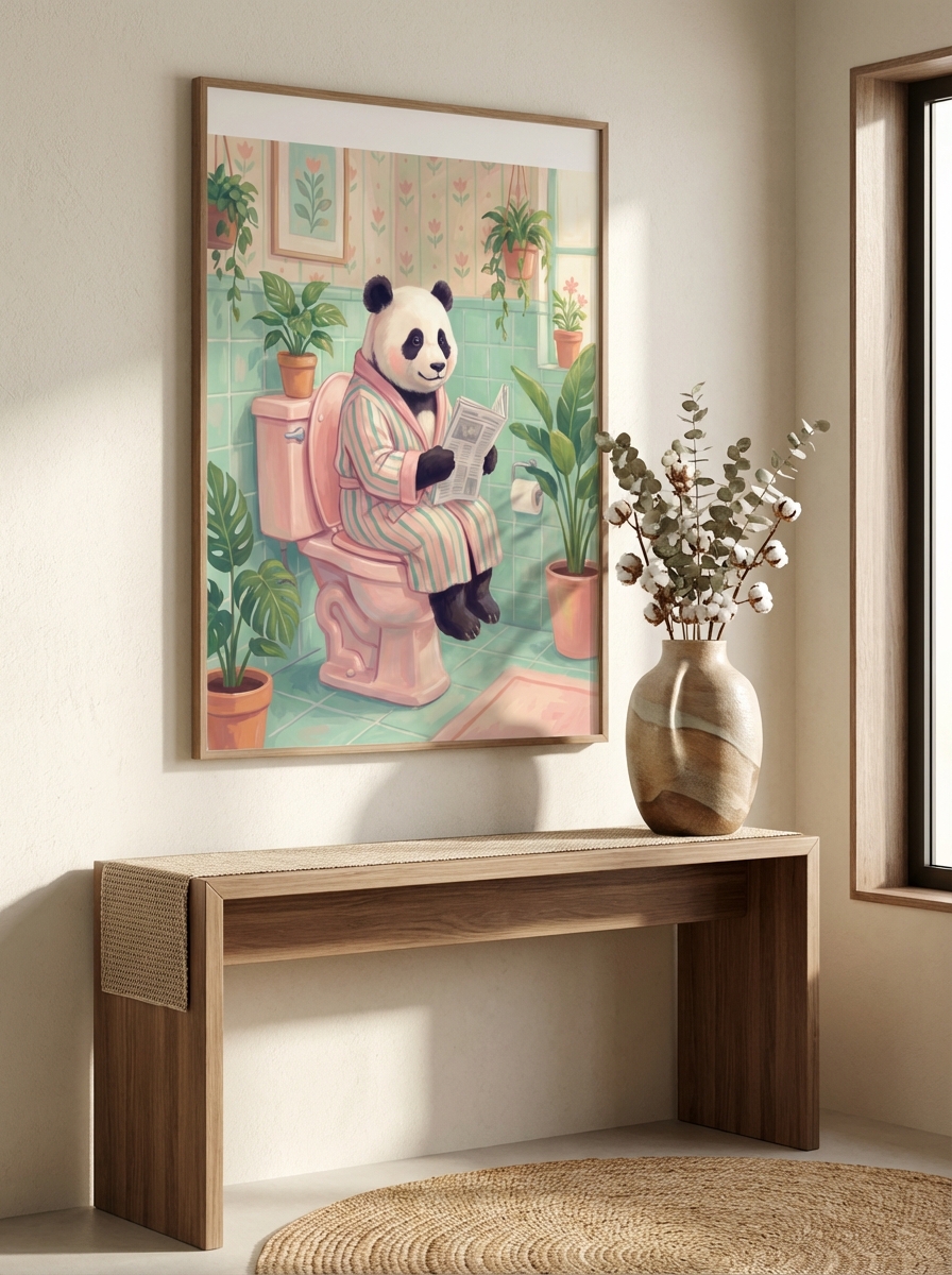 Pembe Arka Planda Tatlı Panda - Sevimli Banyo Baskısı