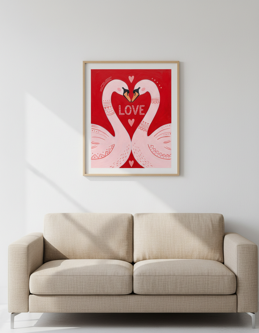 Pembe Kuğu Aşk Temalı Yastık Seti