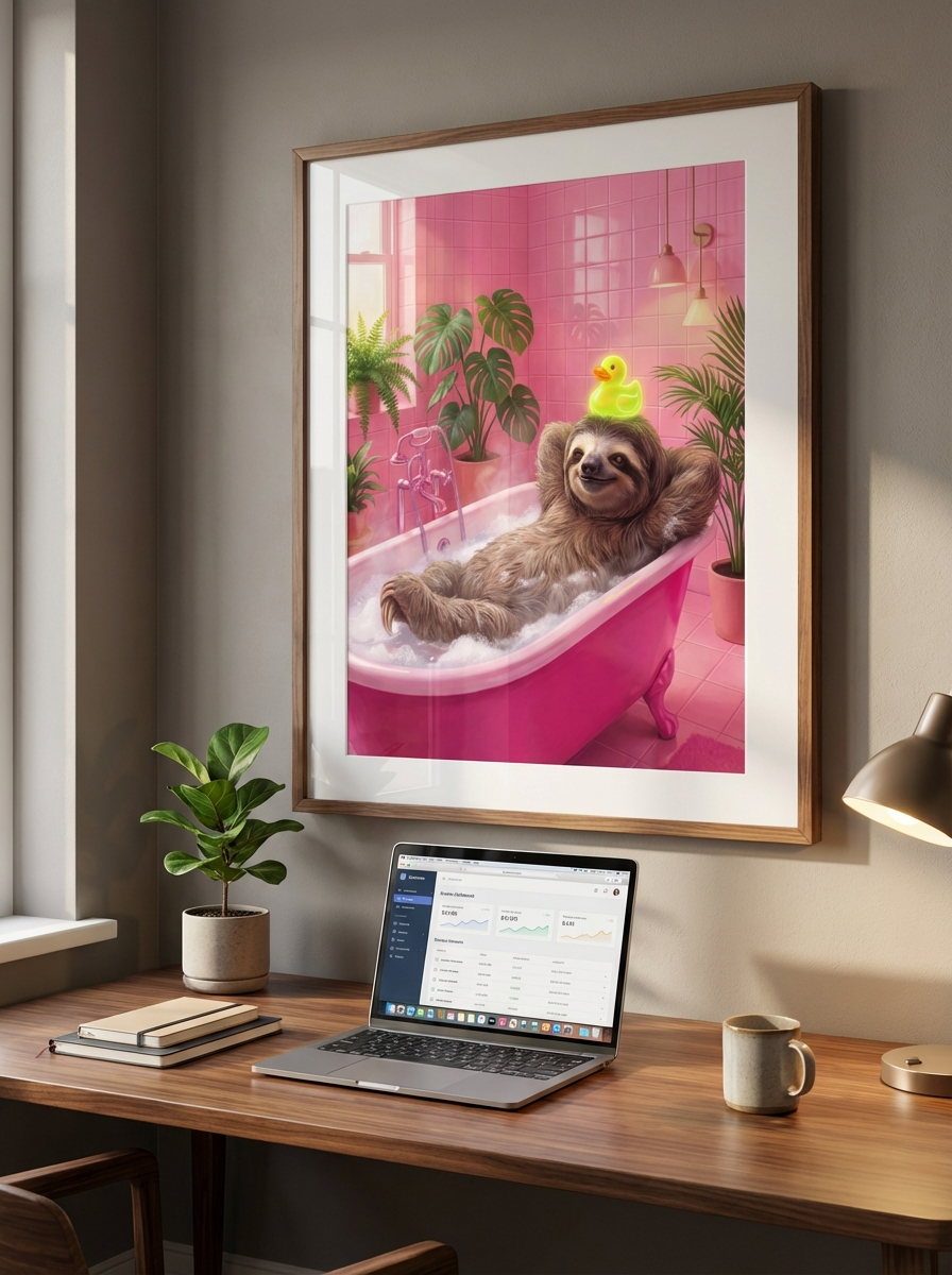 Tatlı Sloth Duvar Sanatı - Pembe Küvet Temalı