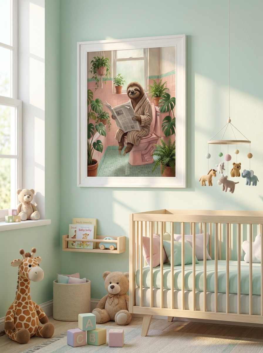 Sevimli Sloth Figürü - Pembe Arka Plan Duvar Sanatı