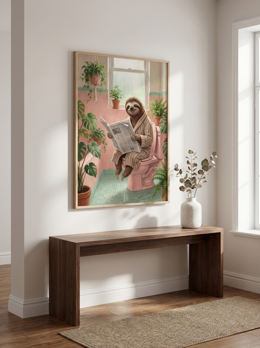 Pembe Arka Planda Sloth - Neşeli Duvar Sanatı