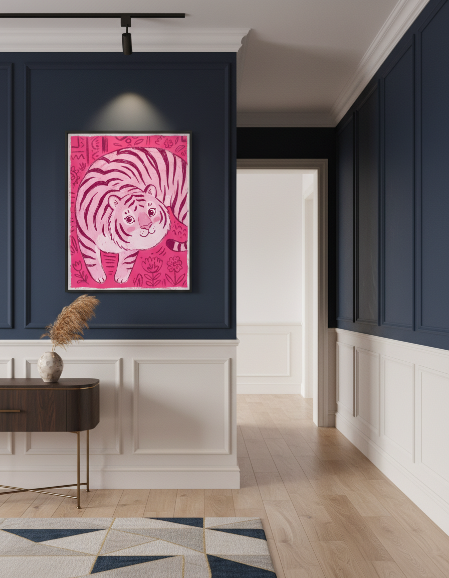 Pembe Kaplan Temalı Çerçeveli Resim